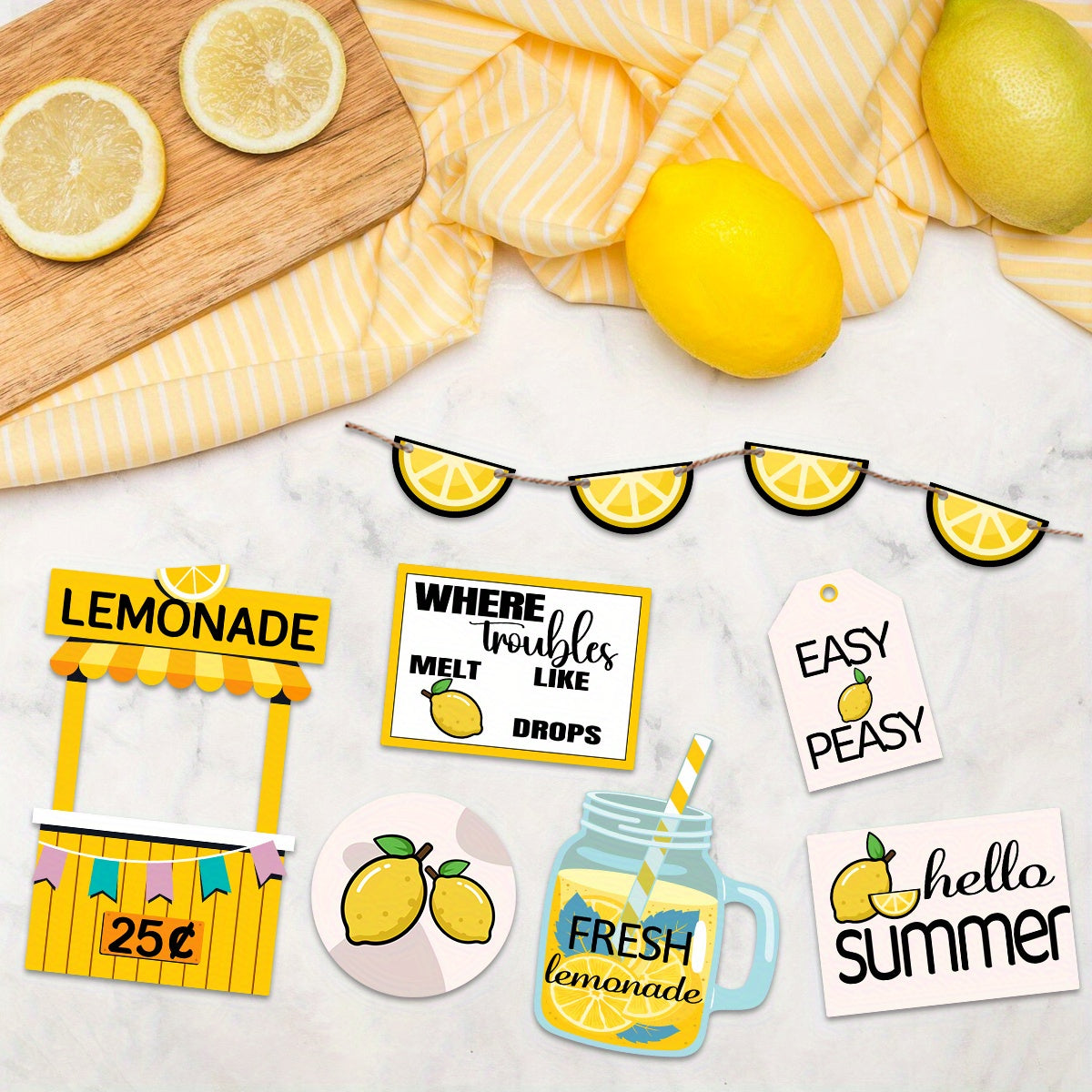 1 Set Summer tiered rustic tray decor with fresh lemon wood signage