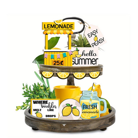 1 Set Summer tiered rustic tray decor with fresh lemon wood signage