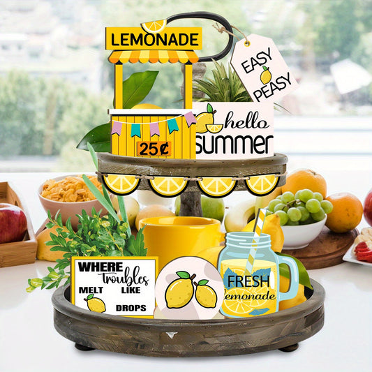 1 Set Summer tiered rustic tray decor with fresh lemon wood signage